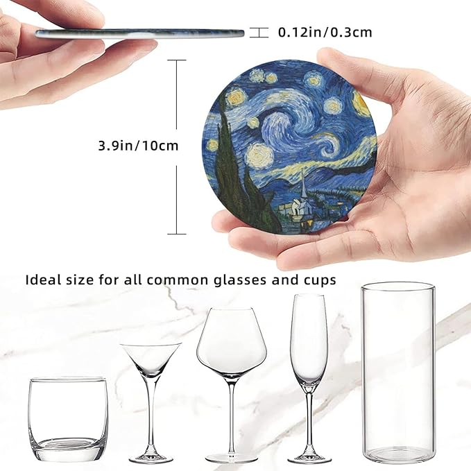 Van Gogh Art Leather Drink Coasters Set of 6 with Holder Round Cup Coaster for Table Decor