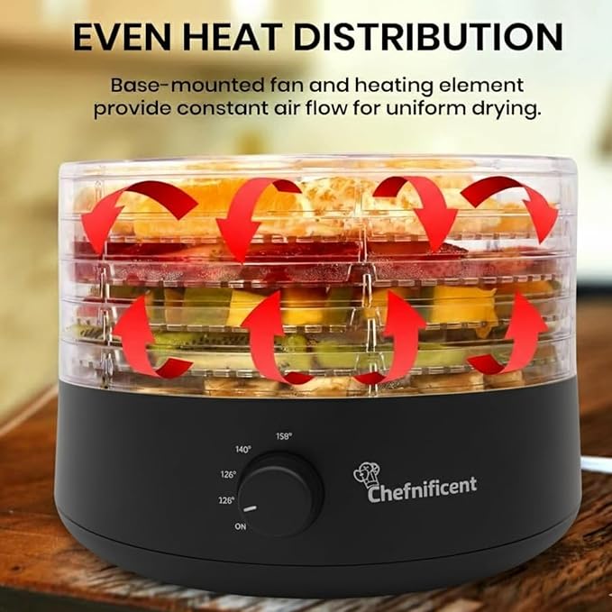 Food Dehydrator DryMax 280 – 5 Tray Adjustable, BPA-Free – 4-Hour Quick Drying, Even Heat, Easy Temp Control – Fruit, Veggie, Meat Jerky Maker (Black)