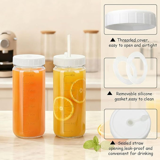 Ruckae 16oz 10 Pack Glass Juice Bottles with Dual Scale, Reusable Glass Bottles with Hole Lids and Straws Mason Jar for Juicing, Smoothies, Kombucha - Water Bottle for Fridge or Gym (Transparent)