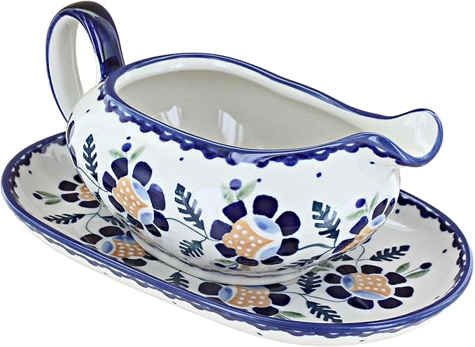 Blue Rose Polish Pottery - Yellow Sunflower Gravy Boat & Plate - 1.5 Cup Capacity - Perfect Gravy Boat for Holiday Dinners, Dinner Parties, and Everyday Dining