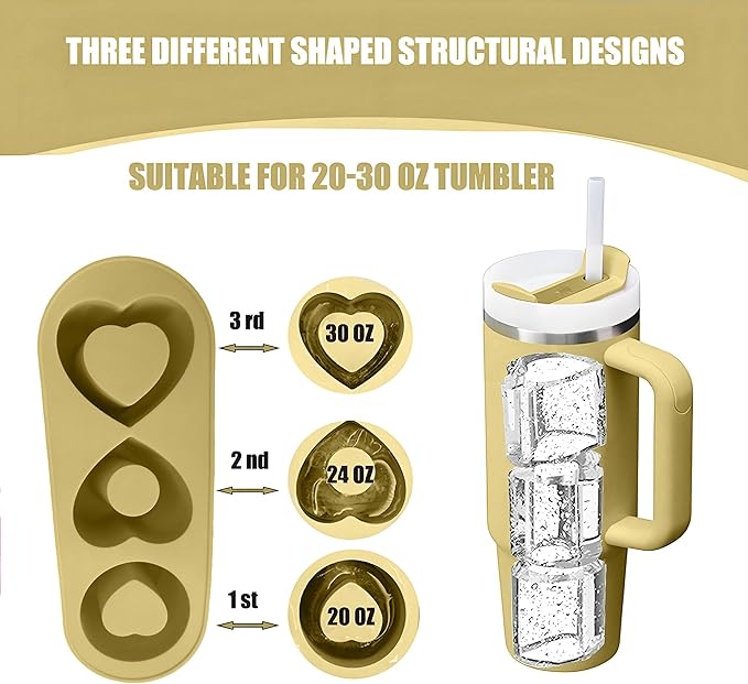 Ice Cube Trays for Stanley Cup 20 30 40 OZ Tumbler Ice Mold Heart Shape Silicone Ice Cube Tray with Lid, Stanley Ice Mold and Maker Ice Cube for Cocktails, Whisky, Juice (20-30 OZ, Yellow)