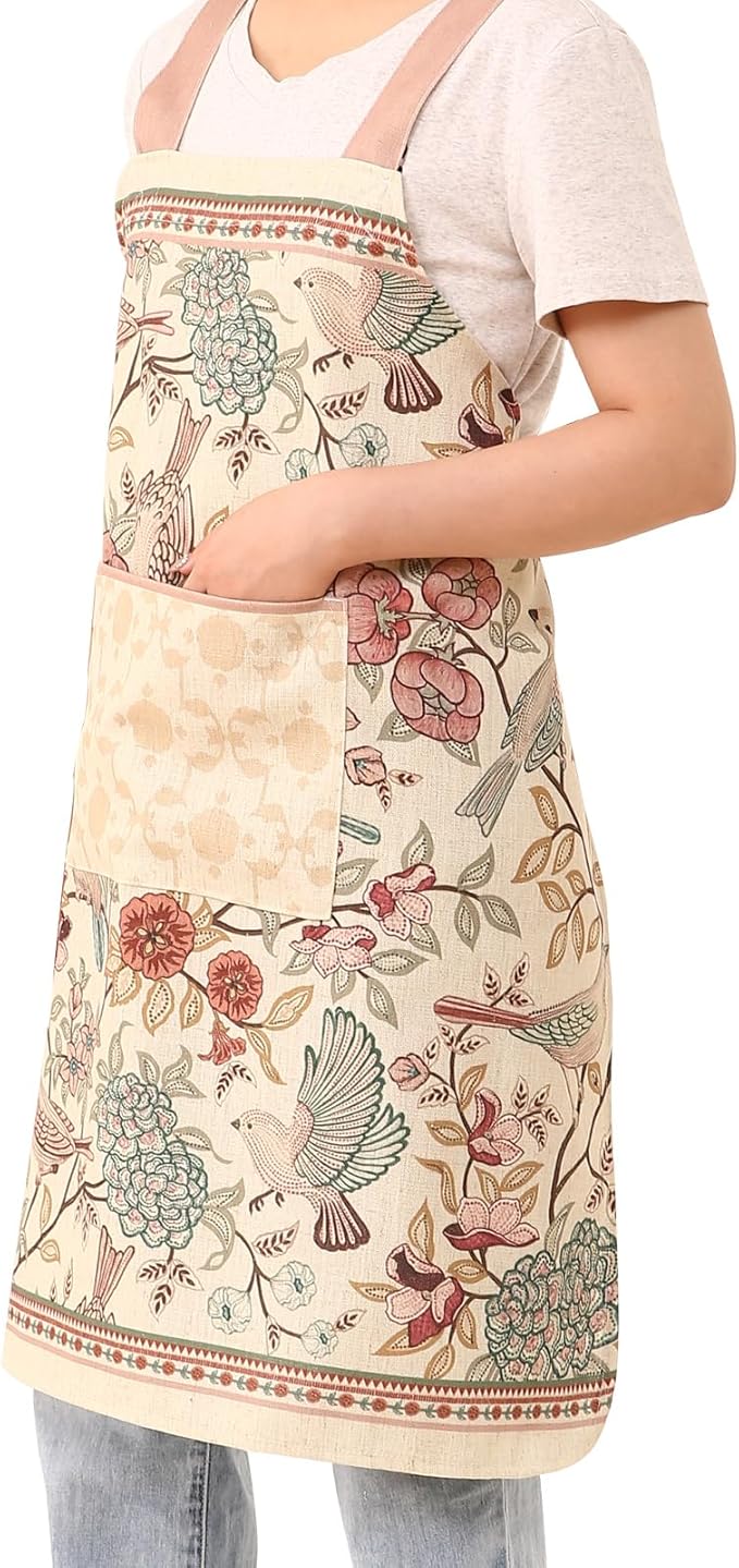 patdrea Blue Floral Linen Apron with Pocket,French Kitchen Garden Chef BBQ Aprons for Women and Men,Crisscross Back Straps
