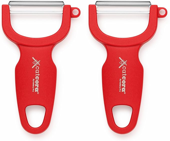 CatCora Swiss-Style Peeler, Professional German Tempered Stainless Steel Blade For Peeling Fruits and Vegetables and Garnishing, Ergonomic Contoured Handle, Red, Set of 2