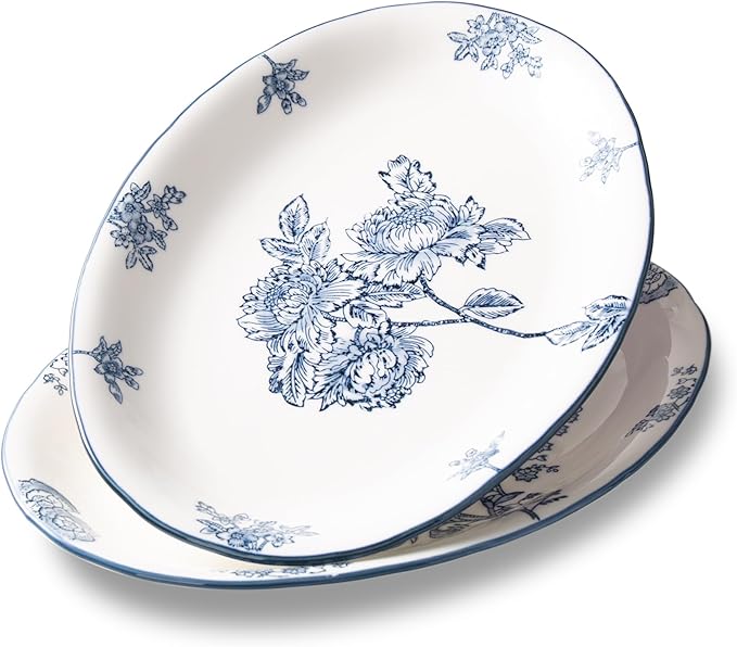 Ceramic Serving Platter, 13.7 Inch Large Oval Serving Trays, Dinner Plates, Dish Set for Dessert Appetizers Meat/Entertaining/Party, Blue and White, Set of 2