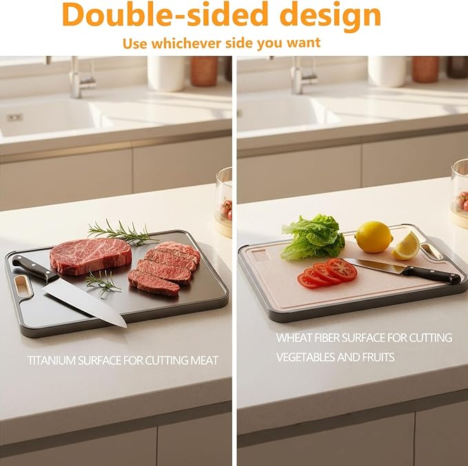 Titanium Cutting Double-Sided Kitchen Chopping Board,– Titanium & Wheat Straw PP Chopping Board, Easy to clean, Ideal for Meat, Vegetables, Fruits & Home Meal Preparation,15" x 10"