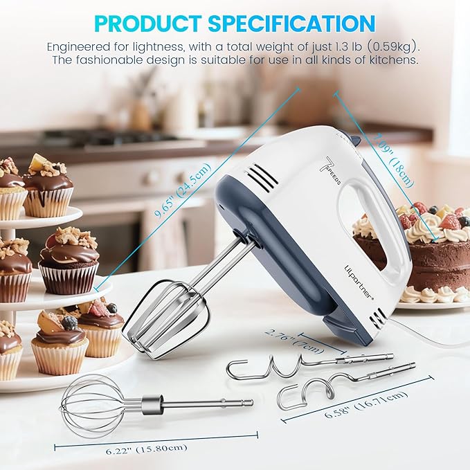 LILPARTNER Hand Mixer Electric, Small Food Mixer 7 Speeds Handheld Blender,304 *(1* Whisk, 2* Beater, 2*Dough Hook) Kitchen Blender for Cream, Cookies, Dishwasher Safe, White