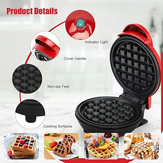 Holstein Housewares Personal/Mini Waffle Maker, Non-Stick Coating, Red- 4-inch Waffles in Minutes, Ideal for Breakfast, Brunch, Lunch or Snacks