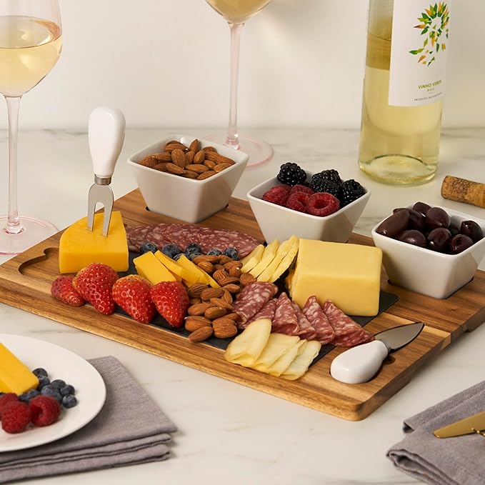 Twine Acacia & Slate Cheese Board Set - Charcuterie Board Bowls and Knives - Slate Cheese Tray Wood Cheese Board - 7-Piece Set of 1, Brown