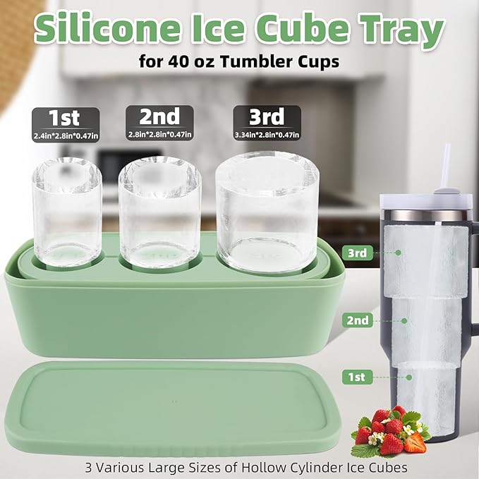 Tcamp Ice Mold for Stanley Cup 30-40 oz Tumbler Cup Ice Mold, Silicone Ice Cube Tray With Lid and Bin for Chilling Cocktails, Whiskey, Drinks, Coffee, Easy Fill and Release Ice Maker (Green)