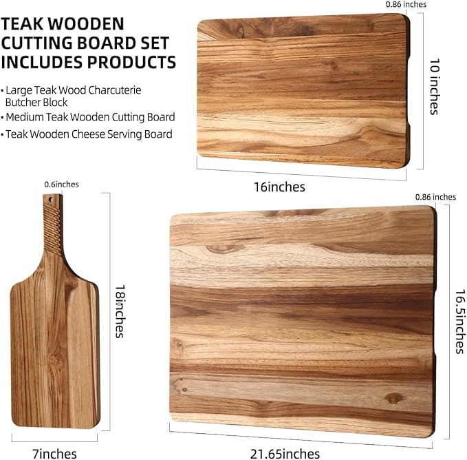 YUSOTAN Teak Wood Cutting Board Set of 3 for Kitchen, Thick Chopping Board, Large Wooden Cutting Board Set, Wooden Trays for Turkeys, Meat, Fruit and Cheese