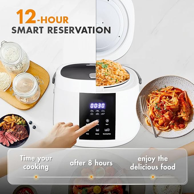 Yollnia 3L Rice Cooker 12 cups (Cooked), Mini Digital Rice Cooker,6 in 1 Multicooker for Grain, Preset and Reheat Options, 12-Hr Delay Timer, Auto Keep Warm, Non-Stick Inner Pot with Steaming Basket