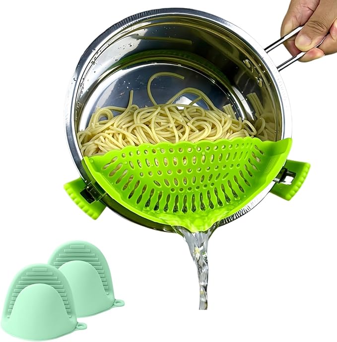 Clip on Strainer Silicone with Silicone Glove | Versatile for All Pans and Pots,Noodle Pasta Pot Strainer Silicone Colander for Vegetables Meat Fruit Spaghetti,Food Strainers(Green)