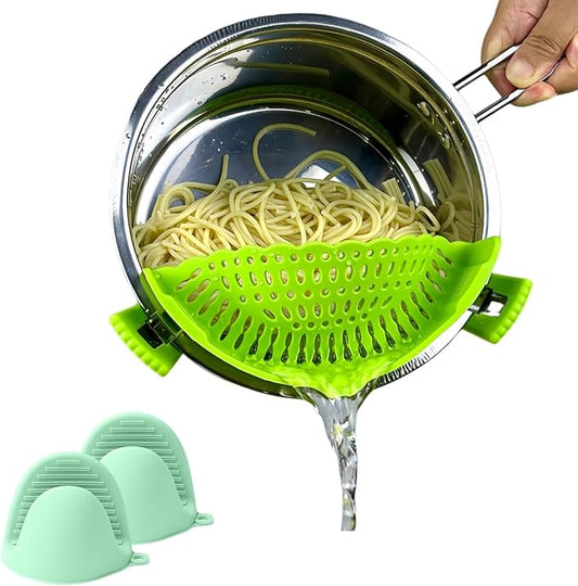 Clip on Strainer Silicone with Silicone Glove | Versatile for All Pans and Pots,Noodle Pasta Pot Strainer Silicone Colander for Vegetables Meat Fruit Spaghetti,Food Strainers(Green)