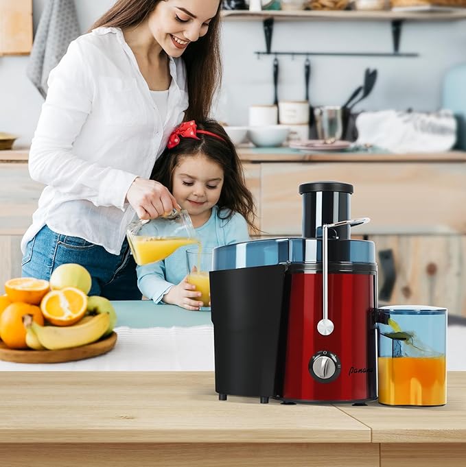 Panana Centrifugal Juicer Extractor with Wide Mouth 3” Feed Chute for Fruit Vegetable, Easy to Clean, Stainless Steel, BPA-free (Red)