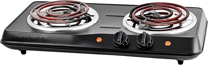 OVENTE Electric Countertop Double Burner, 1700W Cooktop with 6" and 5.75" Stainless Steel Coil Hot Plates, 5 Level Temperature Control, Indicator Lights and Easy to Clean Cooking Stove, Black BGC102B