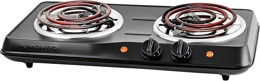 OVENTE Electric Countertop Double Burner, 1700W Cooktop with 6" and 5.75" Stainless Steel Coil Hot Plates, 5 Level Temperature Control, Indicator Lights and Easy to Clean Cooking Stove, Black BGC102B
