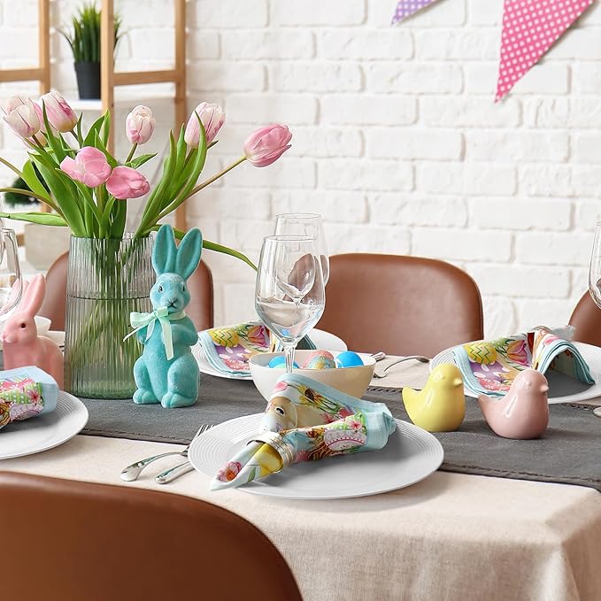 Easter Bunny Napkins, 18×18 Inch Egg Flower Butterfly Dinner Cloth Napkins Set of 4, Washable Cotton Soft Absorbent Square Napkins for Dining Kitchen Party Wedding Decoration