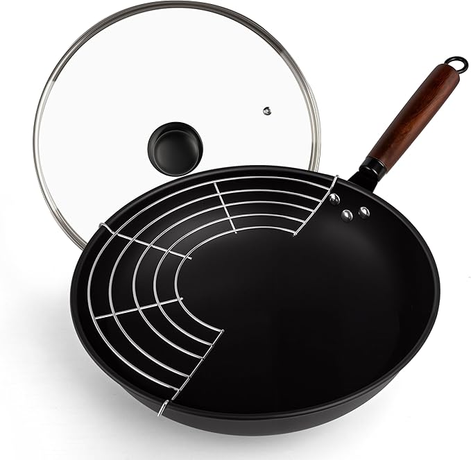 Abangdun Carbon Steel Wok Pan, Nitrided Pre-Seasoned Round Bottom Woks & Stir-Fry Pans Nonstick, Chinese Wok with Glass Lid & Steel Rack for Gas for All Concave Stovetops, Gift for Chef - 13.4"