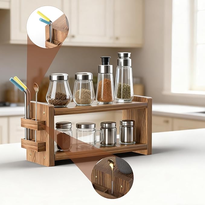 Coffee and Matcha Station Organizer for Home Kitchen Office Countertop - 2 Tier Solid Wooden Shelf Organizer with Straw Holder for Matcha, Pods, Sugar, Tea, Cups, Stirrers, Mugs Storage