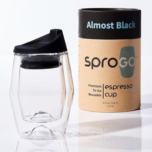 To-Go Espresso Glass Travel Mug with Lid, Reusable Double Wall Glass Tumbler, Fits Most Coffee Makers & Cupholders for Your Car, Gifts for Coffee Lovers, 4.5 oz Cortado Cup, Almost Black
