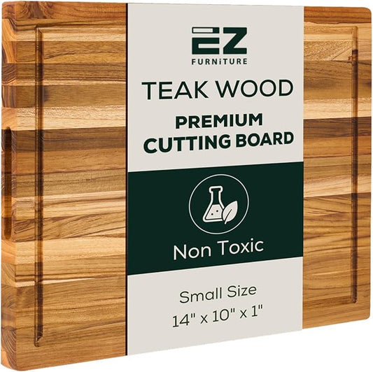 EZ FURNITURE Small (S) Teak Wood Premium Cutting & Serving Board, Knife Friendly, Pre-Oiled End Grain with Juice Groove & Handles, Non-Toxic (14"Lx10"Wx1"Th, 3.75lbs)