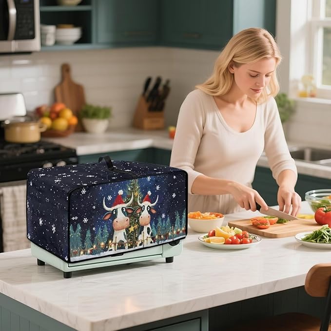 Doojoayie Christmas Cow Toaster Cover 6 Slice Dust-Proof Toaster Oven Cover Stain Resistant Bread Machine Covers Christmas Home Kitchen Decoration