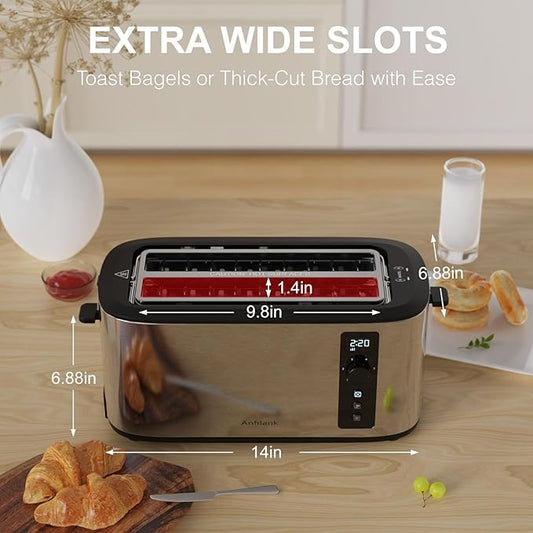 Anfilank Toaster 4 Slice with Countdown Timer, Extra Wide Slots for Bagels and Waffles, 6 Browning Settings, Removable Crumb Tray, Stainless Steel