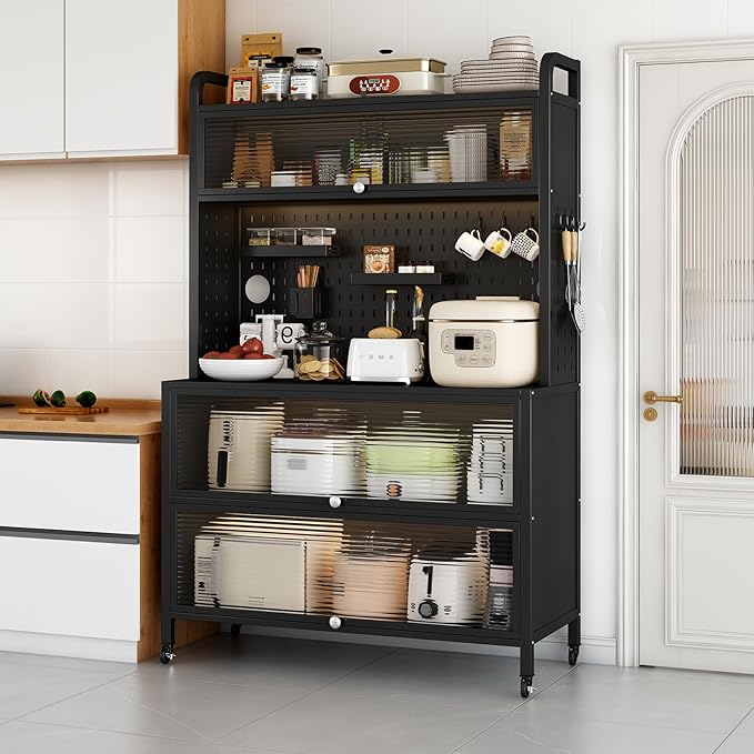 Large Kitchen Bakers Rack, 5-Tier Corner Microwave Stand with Storage, Coffee Bar with 6 S-Shaped Hooks, Open Kitchen Storage Shelves for Spices, Pots and Pans, Black