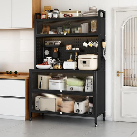 Large Kitchen Bakers Rack, 5-Tier Corner Microwave Stand with Storage, Coffee Bar with 6 S-Shaped Hooks, Open Kitchen Storage Shelves for Spices, Pots and Pans, Black