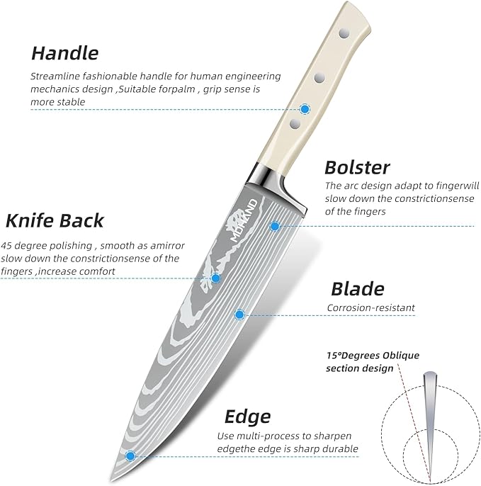 MDHAND Professional Chef Knife Set with Roll Bag, 9PCS Japanese Kitchen Knife Set with Sharpener, High Carbon Stainless Steel Kitchen Knives - Forged Triple Rivet, Dishwasher Safe, Chef Gifts, White
