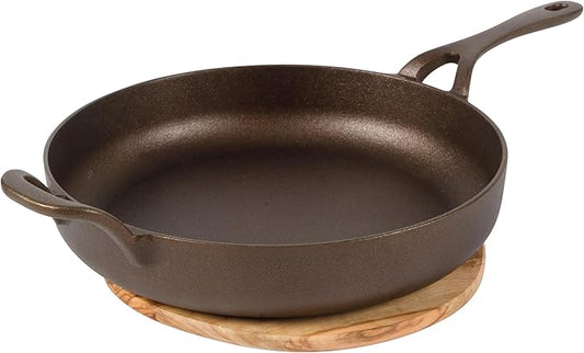 Bloomhouse - Two Time Oprah's Favorite Things Winner - Natural Bronze Finish 10" Cast Iron Skillet w/Long Handle, Helper Handle & Olive Wood Trivet – Olive Oil Treated Fry Pan, Oven & Stovetop Safe