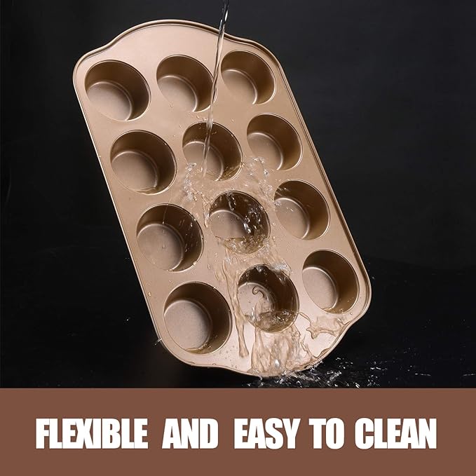 JOHO BAKING 2 Pack Nonstick Muffin Pan Set, 12-Cup Heavy Duty Cupcake Baking Pan with Handles - PFOA-Free Muffin Tin, Rust Proof & Warp Resistant, Oven Safe 430°F (Gold)