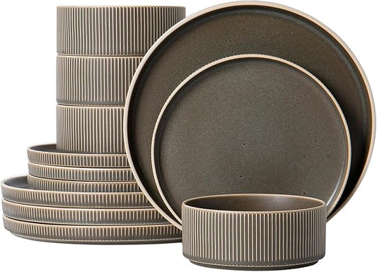 Dinnerware Set Service for 4, 12-Piece Ceramic Plates and Bowls Set, Chip & Scratch Resistant, Microwave and Dishwasher Safe, Modern Minimalist Tableware for Everyday Use, Matte Green