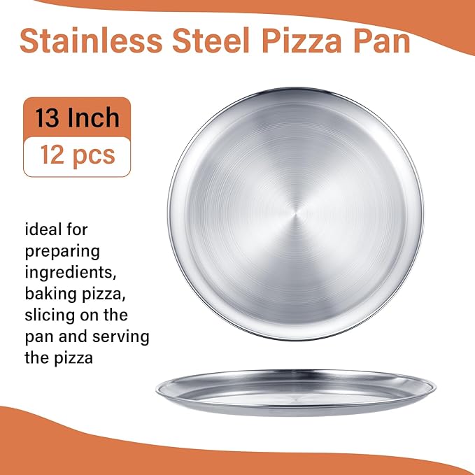 Honeydak 12 Pcs Stainless Steel Pizza Pan 13 Inch Round Silver Pizza Tray for Serving Pie Cookie Cake Plate Sheet, Oven Kitchen Baking Home Restaurant, Dishwasher Safe, Dishwasher Safe