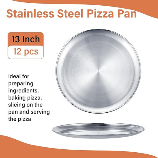 Honeydak 12 Pcs Stainless Steel Pizza Pan 13 Inch Round Silver Pizza Tray for Serving Pie Cookie Cake Plate Sheet, Oven Kitchen Baking Home Restaurant, Dishwasher Safe, Dishwasher Safe