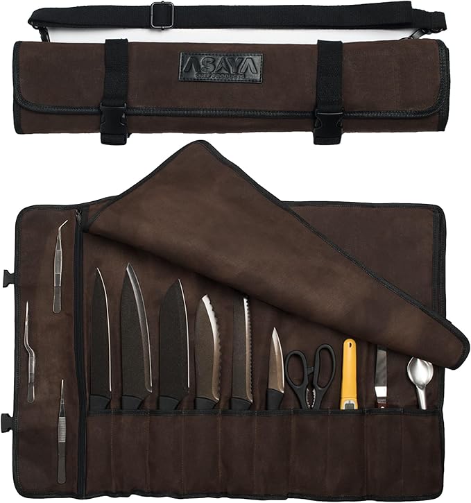 Asaya Canvas Chef Knife Roll Bag - 10 Knife Slots and a Large Zipper Pocket - Durable 10oz Canvas Knife Case with an Adjustable Shoulder Strap - Knives not Included