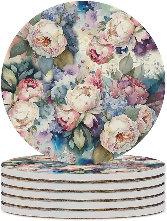 Round-6PCS Floral Ceramic Coasters, Round Absorbent Drink Coasters, Watercolour Abstract Nature Plant Floral Colorful Wildflower Ceramic Table Coasters for Coffee, Beverage, Wine, Beer Coasters