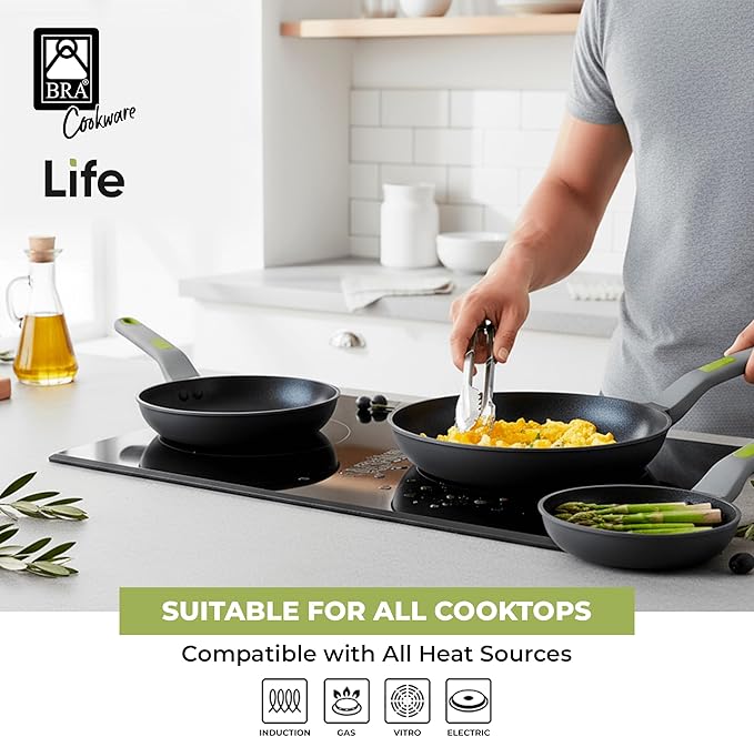 BRA COOKWARE Life 3 Ceramic Nonstick Frying Pan Set | 8+9.5+11 Inch Recycled Cast Aluminum Skillets | Ceramic Non-Stick Fry Pans | PFOA Free Searing Skillets | All Cooktops | Soft-Touch Handle