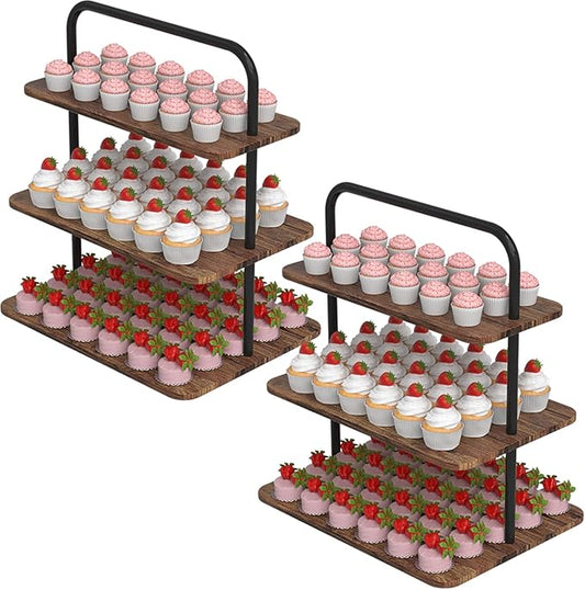 Cupcake Stand, 3-Tier Dessert Stand for 52 Cupcakes, Wood & Metal Tower Display Premium Holder Dessert Tree Tower for Christmas Birthday Weddings Party Decor, Serving Tray, Wood Brown, 2-pack