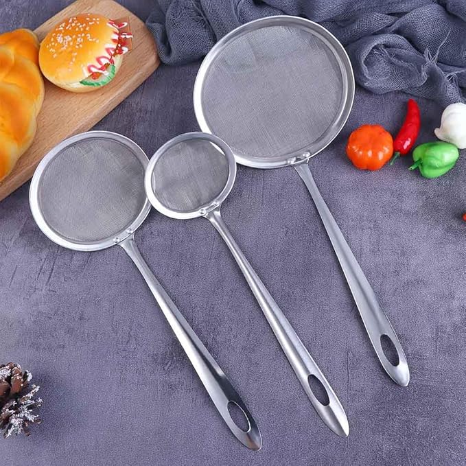 Vctitil 2 Pcs 2.9inch Fine Mesh Food Strainer Stainless Steel Skimmer Spoon Hot Pot Fat Strainer with Long Handle for Skimming Grease and Foam,9.64inch Long