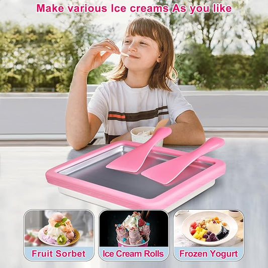 ROEDEER Rolled Ice Cream Maker, Ice Cream Roll Maker Plate with 2 Spatulas, Instant Rolled Ice Cream Machines for DIY Ice Cream, Includes Recipe Book, Fun Gifts for Kids, Color:Pink and White