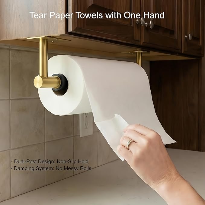 FORIOUS Paper Towel Holder Under Cabinet, Single Hand Operable with Adjustable Damping for Easy Tear, Adhesive or Drill Wall Mount, 304 Commercial Paper Towel Holder for Kitchen Bathroom, Brushed Gold