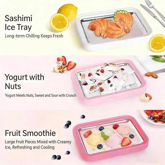 At-Home Rolled Ice Cream Maker Kit, Instant Freeze Plate and 2 Scrapers, DIY Stainless Steel Homemade Iced Tray, Stainless Steel Ice Cream Makers Tray for Fun Freezer Desserts (White)
