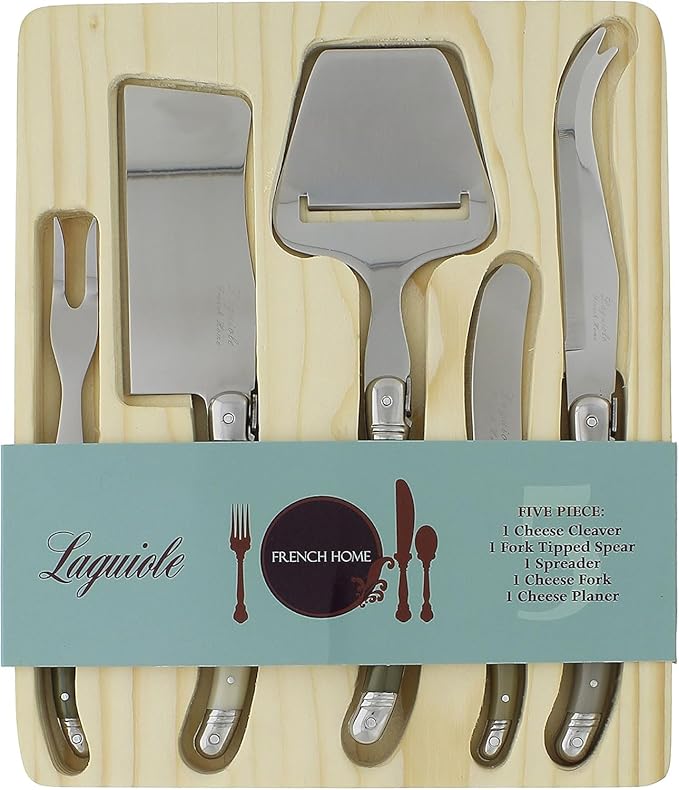 French Home 5-Piece Laguiole Cheese Knives Set with Fork and Slicer – Versatile Charcuterie Board Accessories with Three-Rivet Mist-Colored Handles & Iconic Bee Emblem