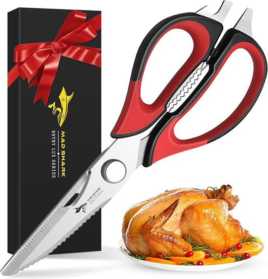 Kitchen Scissors All Purpose Kitchen Shears Come Apart,Stainless Steel Utility Scissors with Comfort Grip,Heavy Duty Poultry Shears for Chicken,Meat,Fish,Dishwash Safe (RED)