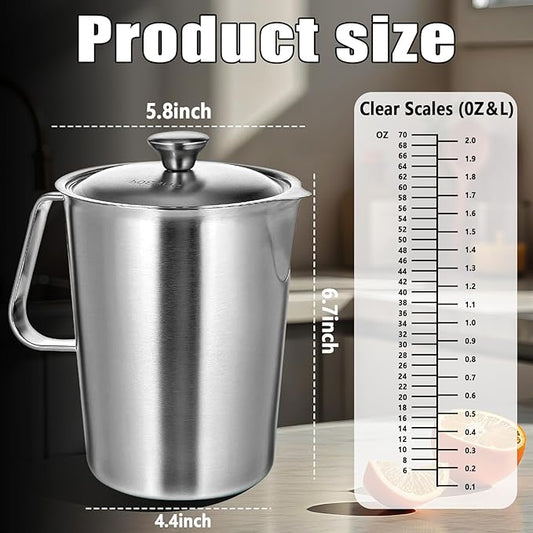 Large Stainless Steel Pitcher with Lid, 8.5 Cup Milk Frothing Jug with Handle，70 oz Metal Measuring Cup，2 L Water Pitcher for Espresso Machines, Latte Art, Iced Tea, Hot and Cold Water (70 oz, A)