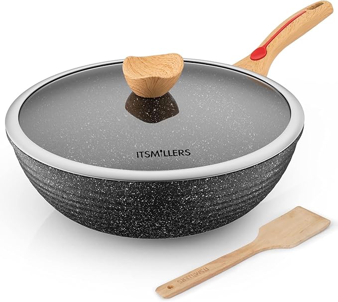 ITSMILLERS Nonstick Wok Aluminium Die-casting Chinese Wok, Scratch Resistant With Lid and Spatula, PFOA-Free, Dishwasher Safe & Induction Bottom,12 Inch,6L,Large Capacity