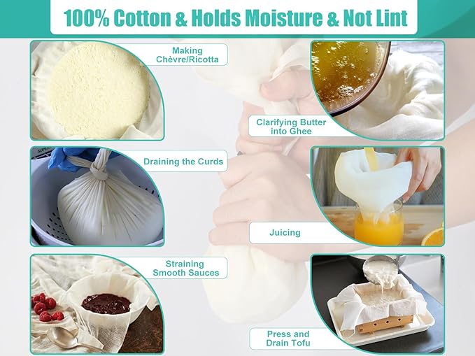 Olicity Cheese Cloths, 2PCS, Double-Layer, 20x20Inch, Reusable Grade 90 Cheese Cloth Bag for Straining, Hemmed Unbleached Cotton Precut Fine Mesh Muslin Cheesecloth for Juicing, Butter, Canning