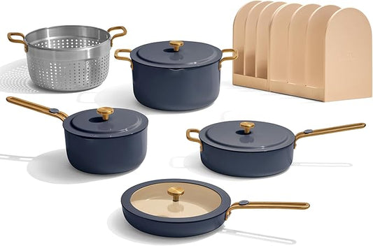Our Place 11-Piece Essentials Complete Cookware Set - Ceramic Fry Pan, Saucepan, Sauté Pan, Stock Pot, Strainer Basket & Rack Storage | Thermakind™ Nonstick, Oven Safe up to 450°F | Blue Salt