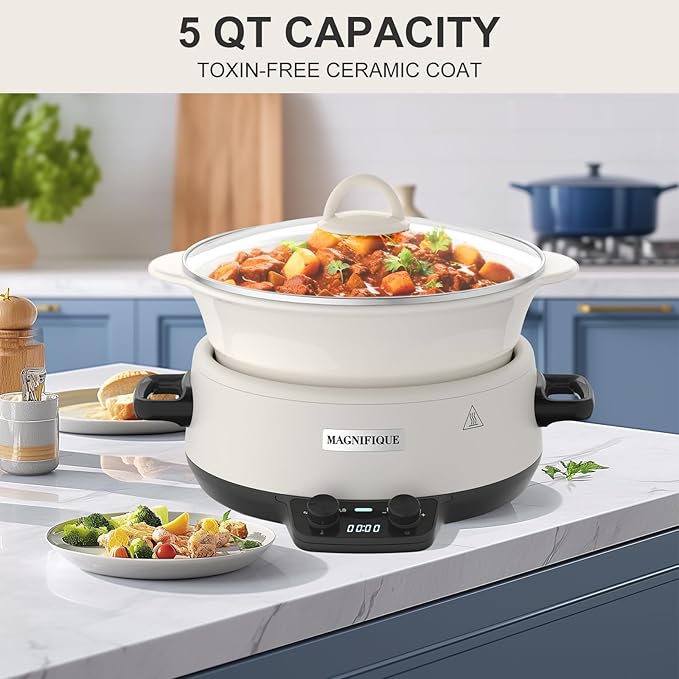 MAGNIFIQUE Small 5 Quart Round Casserole Programmable Slow Cooker with Glazed Ceramic Liner, Food Warmer Perfect Kitchen Small Appliance for Family Dinners, White